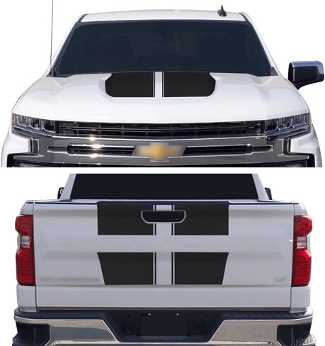 Hood & Tailgate Rally Style Stripes Graphic Overlay Pre Cut Vinyl Decal Compatible with Chevrolet Silverado 1500 2019-2021 - Matte Black in Kuwait