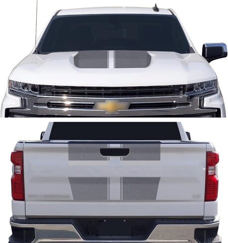 Hood & Tailgate Rally Style Stripes Graphic Overlay Pre Cut Vinyl Decal Compatible with Chevrolet Silverado 1500 2019-2021 - Matte Black in Kuwait