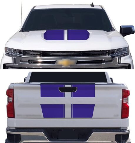 Hood & Tailgate Rally Style Stripes Graphic Overlay Pre Cut Vinyl Decal Compatible with Chevrolet Silverado 1500 2019-2021 - Matte Black in Kuwait