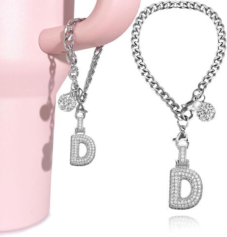 Silver Initial Charm for Stanley Cup- Bubble Letter Charms Accessories for Stanley handle 40 Oz Tumblers Cute Keychain with Diamond Glitter Jewelry Personalized Water Bottle Decorations D in Kuwait
