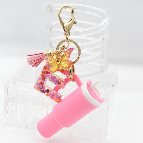 Mini Tumbler Keychain Cute Stanley Cup Charms For Backpack Initial Letter Fashion Tassel Butterfly Pendant Keychain For Women in Kuwait
