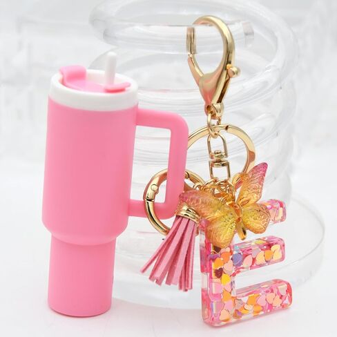 Mini Tumbler Keychain Cute Stanley Cup Charms For Backpack Initial Letter Fashion Tassel Butterfly Pendant Keychain For Women in Kuwait