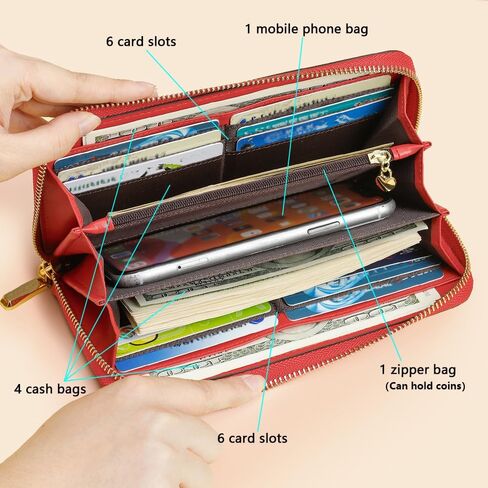 Fashion RFID leather wallet, women's hand-held bag, credit card clip bag, women's casual long large capacity coin purse, women's zipper multi card slot long wallet (Red) in Saudi Arabia