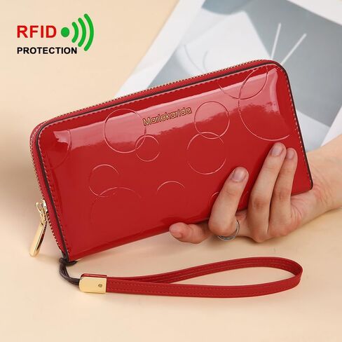 Fashion RFID leather wallet, women's hand-held bag, credit card clip bag, women's casual long large capacity coin purse, women's zipper multi card slot long wallet (Red) in Saudi Arabia