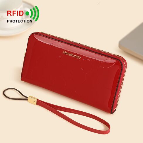 Fashion RFID leather wallet, women's hand-held bag, credit card clip bag, women's casual long large capacity coin purse, women's zipper multi card slot long wallet (Red) in Saudi Arabia