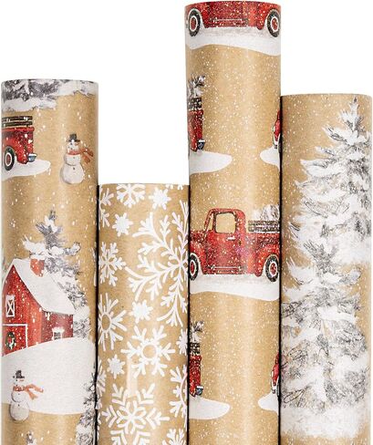RUSPEPA Christmas Wrapping Paper, Kraft Paper - Deer, Snowflake and Plaid Style Designs - 4 Rolls - 30 inches x 10 feet per Roll in Kuwait