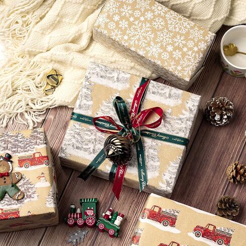 RUSPEPA Christmas Wrapping Paper, Kraft Paper - Deer, Snowflake and Plaid Style Designs - 4 Rolls - 30 inches x 10 feet per Roll in Kuwait