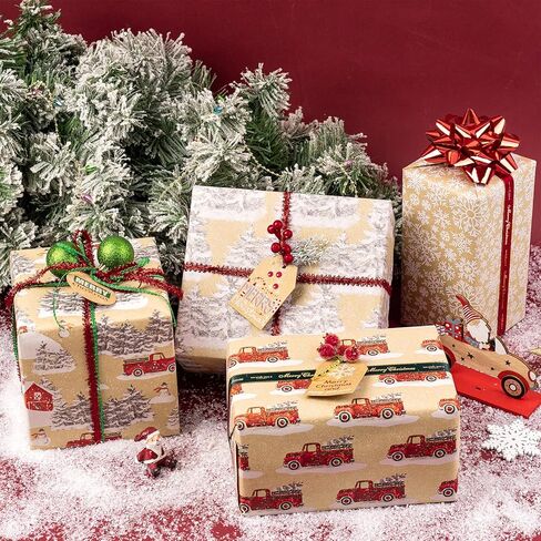 RUSPEPA Christmas Wrapping Paper, Kraft Paper - Deer, Snowflake and Plaid Style Designs - 4 Rolls - 30 inches x 10 feet per Roll in Kuwait