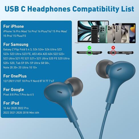 USB C Earbuds Wired Headphones for iPhone 15 Pro Max Samsung Z Flip Fold 6 A35 S24+ S24 S23 S22 Magnetic in-Ear Noise Canceling Type C Earphone Headset Microphone Volume Control for Pixel 8 7 6a iPad in Saudi Arabia