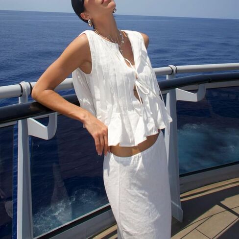 Women Bow Tie Front Top Crop Tank Y2k Cute Pleated Peplum Sleeveless Linen Vest Shirt Going Out Top in Saudi Arabia