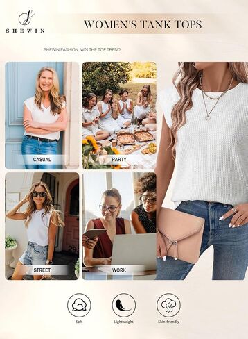 SHEWIN Summer Tops for Women Casual Crew Neck Waffle Knit Cap Sleeve Shirts Tank Top in Saudi Arabia