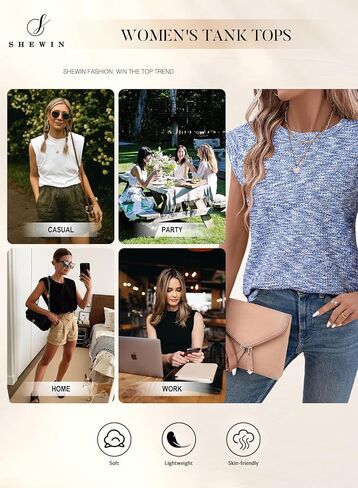 SHEWIN Summer Tops for Women Casual Crew Neck Waffle Knit Cap Sleeve Shirts Tank Top in Saudi Arabia