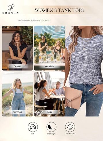 SHEWIN Summer Tops for Women Casual Crew Neck Waffle Knit Cap Sleeve Shirts Tank Top in Saudi Arabia