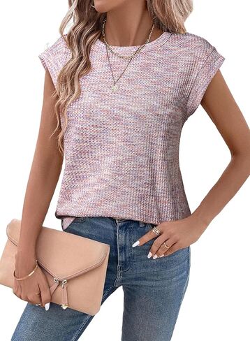 SHEWIN Summer Tops for Women Casual Crew Neck Waffle Knit Cap Sleeve Shirts Tank Top in Saudi Arabia