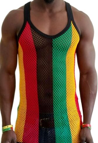 100% Cotton Rasta String Vest Workout Mens Tank Tops Mesh Fishnet Shirts Fitted Striped Mens Sport Tank Jamaican Marina in Saudi Arabia