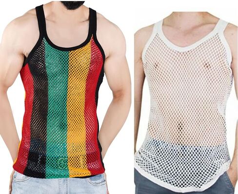 100% Cotton Rasta String Vest Workout Mens Tank Tops Mesh Fishnet Shirts Fitted Striped Mens Sport Tank Jamaican Marina in Saudi Arabia