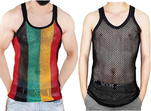 100% Cotton Rasta String Vest Workout Mens Tank Tops Mesh Fishnet Shirts Fitted Striped Mens Sport Tank Jamaican Marina in Saudi Arabia