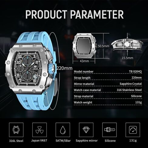 TSAR BOMBA Watches Men Luxury Square Mens Watch Chronograph 50M Waterproof Sapphire Glass Japan Quartz Movement TMI VK67 Silicone Strap Classic Tonneau Design Luminous Calendar Wrist Watches in Saudi Arabia