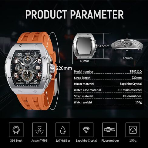 TSAR BOMBA Watches Men Luxury Square Mens Watch Chronograph 50M Waterproof Sapphire Glass Japan Quartz Movement TMI VK67 Silicone Strap Classic Tonneau Design Luminous Calendar Wrist Watches in Kuwait