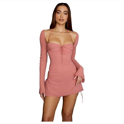 XLLAIS Women Long Puff Sleeve Mini Bodycon Split Hem Mesh Dress Party Dress in Saudi Arabia