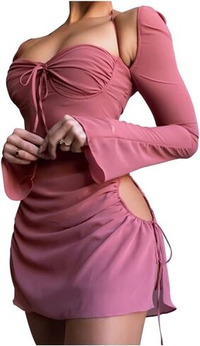 XLLAIS Women Long Puff Sleeve Mini Bodycon Split Hem Mesh Dress Party Dress in Saudi Arabia