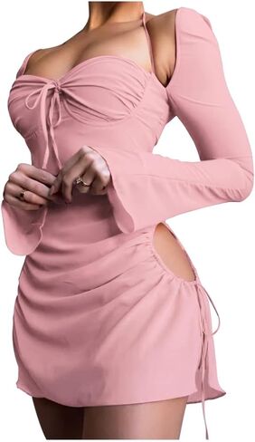 XLLAIS Women Long Puff Sleeve Mini Bodycon Split Hem Mesh Dress Party Dress in Saudi Arabia