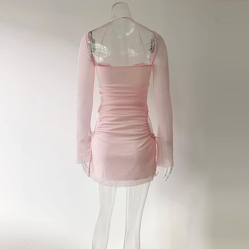 XLLAIS Women Long Puff Sleeve Mini Bodycon Split Hem Mesh Dress Party Dress in Saudi Arabia