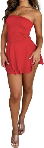 Womens Summer Strapless Mini Dress Off Shoulder Y2K Sleeveless Layered Ruffle Hem A Line Flowy Dress in Saudi Arabia