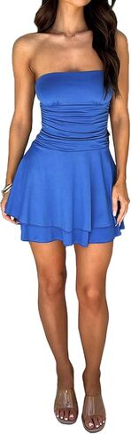 Womens Summer Strapless Mini Dress Off Shoulder Y2K Sleeveless Layered Ruffle Hem A Line Flowy Dress in Saudi Arabia