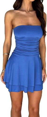 Womens Summer Strapless Mini Dress Off Shoulder Y2K Sleeveless Layered Ruffle Hem A Line Flowy Dress in Saudi Arabia