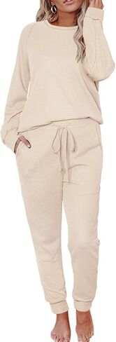 Womens Pajama Sets Waffle Knit 2 Piece Lounge Set Sleepwear Loungewear Pjs Sets Long Sleeve Tops and Pants Fall 2024 in Saudi Arabia