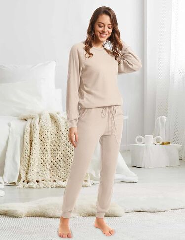 Womens Pajama Sets Waffle Knit 2 Piece Lounge Set Sleepwear Loungewear Pjs Sets Long Sleeve Tops and Pants Fall 2024 in Saudi Arabia