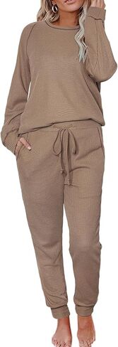 Womens Pajama Sets Waffle Knit 2 Piece Lounge Set Sleepwear Loungewear Pjs Sets Long Sleeve Tops and Pants Fall 2024 in Saudi Arabia