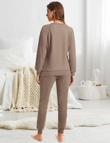 Womens Pajama Sets Waffle Knit 2 Piece Lounge Set Sleepwear Loungewear Pjs Sets Long Sleeve Tops and Pants Fall 2024 in Saudi Arabia