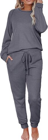Womens Pajama Sets Waffle Knit 2 Piece Lounge Set Sleepwear Loungewear Pjs Sets Long Sleeve Tops and Pants Fall 2024 in Saudi Arabia