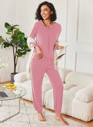 Ekouaer Women's Pajamas 2 Piece Lounge Set Long Sleeve Top and Elastic Waist Pants Sweatsuits Casual Pjs with Pockets S-XXL in Saudi Arabia