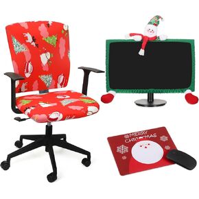 Christmas Office Chair Covers Set with Computer Monitor Cover and Mouse Pad Desk Chair Seat Covers Stretchable Protective Armchair Slipcovers(Santa,Red)
