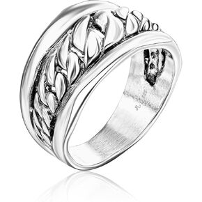 925 Sterling Silver Statement Chunky Ring Curb Chain Wrap Floral Leaves Vintage Antique Casual Look Hypoallergenic Nickel and Lead-free Artisan Handcrafted Designer Collection, Birthday Gifts Handmade