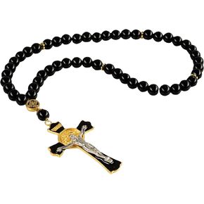 Car Rosary for Rearview Vehicle Mirror, Rosary Beads Catholic for Women, Black Rosary for Men, Cross for Car Mirror Hanging, Medal Cross Saint Benedict Rosary for Car & Truck - Christian Gift