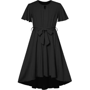 Girls Ruffle Dress Summer Plain Casual A-Line Sundress Kids Party Dress with Belt 5-12 Years