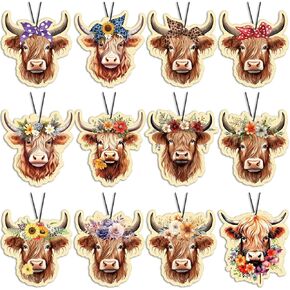 12 Pcs Highland Cow Air Fresheners Christmas Funny Car Cow Gifts Car Fresheners for Women Highland Cow Print Car Accessories Cute Car Hanging Ornament for Women Men Party Supplies