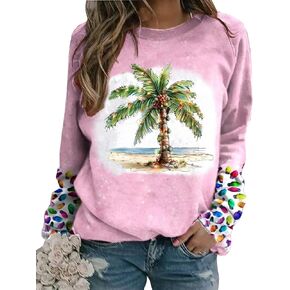 LLHXRUI Christmas Palm Tree Sweatshirt for Women Funny Hawaiian Beach Tropical Xmas Pullover Long Sleeve Christmas Shirt Top