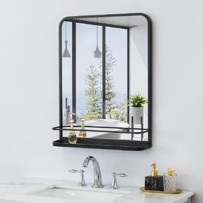Matte Black Farmhouse Bathroom Mirror with Shelf Modern Vanity Mirror for Wall, Rectangle Metal Framed Rounded Corner Wall Mirror for Bathroom Living Room,Entryway 21'' x 26.7'', 21×26.7 Inch