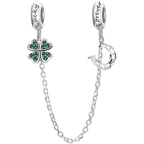 Newsoul 925 Silver Safety Chain Charms for Bracelets Four Leaf Clover Dangle Pendants with Butterfly Floret Beads Jewelry Charms Gifts for Women