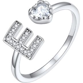 Silvora 925 Sterling Silver CZ Initial Ring, Dainty Adjustable Open A-Z 26 Alphabet Letter Rings for Women