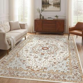 Vintage 9x12 Area Rugs for Living Room, Soft Washable Rug, Large Rugs for Bedroom, Dining Room or Home Office, Non-Slip Backing, Stain Resistant Home Decor Rug - Beige/Orange
