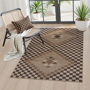 LIVEBOX Easy Jute Washable Runner Rug 2x10, Non Slip Brown Checkered Kitchen Rugs, Ultra Thin Farmhouse Runner Rugs for Hardwood Floor, Non Slip Long Hallway Runner Rug 10 Ft