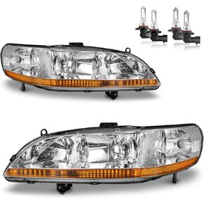 Headlights Assembly for 1998-2002 Honda Accord 2/4DR Headlamp Replacement Chrome Housing Amber Reflector Driver & Passenger Side