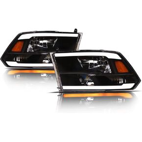 Alpha Owls 8710401 Crystal Headlights With Switchback Sequential LED Light Bar & Startup Light - Black Amber Fits 2009-2018 Dodge Ram 1500 2500 3500/2019-2023 Classic Halogen Models