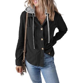 Womens Long Sleeve Button Down Corduroy Shacket Jacket Casual Solid Short Hooded Coats